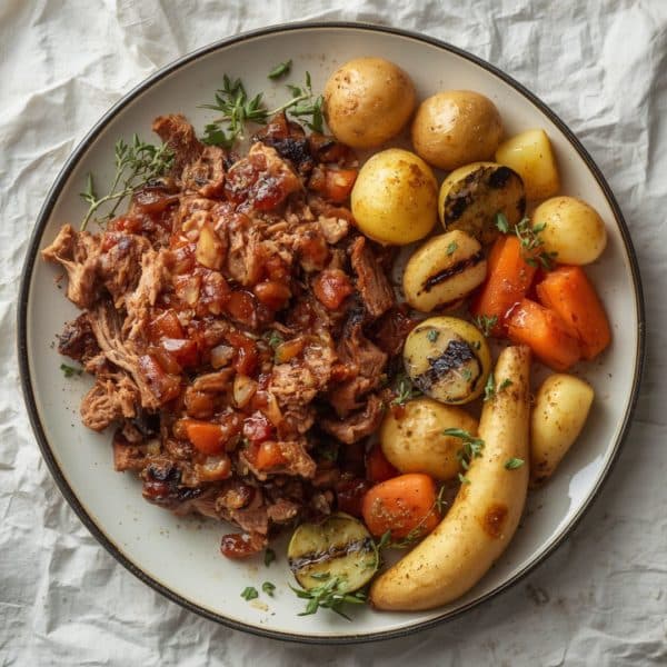 BBQ-Schweinefleisch (10 Stunden gegart) und gegrilltes Gemüse aus Québec