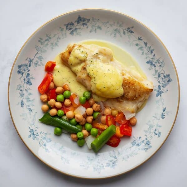 Pavé de cabillaud vapeur sauce hollandaise et petits légumes sautés