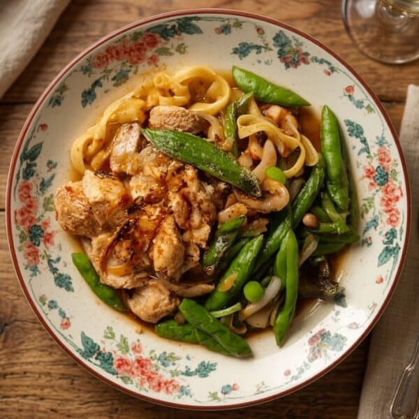 Poulet au riesling, tagliatelles et légumes verts sautés au vinaigre balsamique
